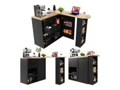 Merax Armário bar giratório - uma porta, 2 gavetas, 3 prateleiras e 2 nichos - Tampo com efeito madeira MDF - 138 cm/105x39x102 cm -^ Móvel De Bar