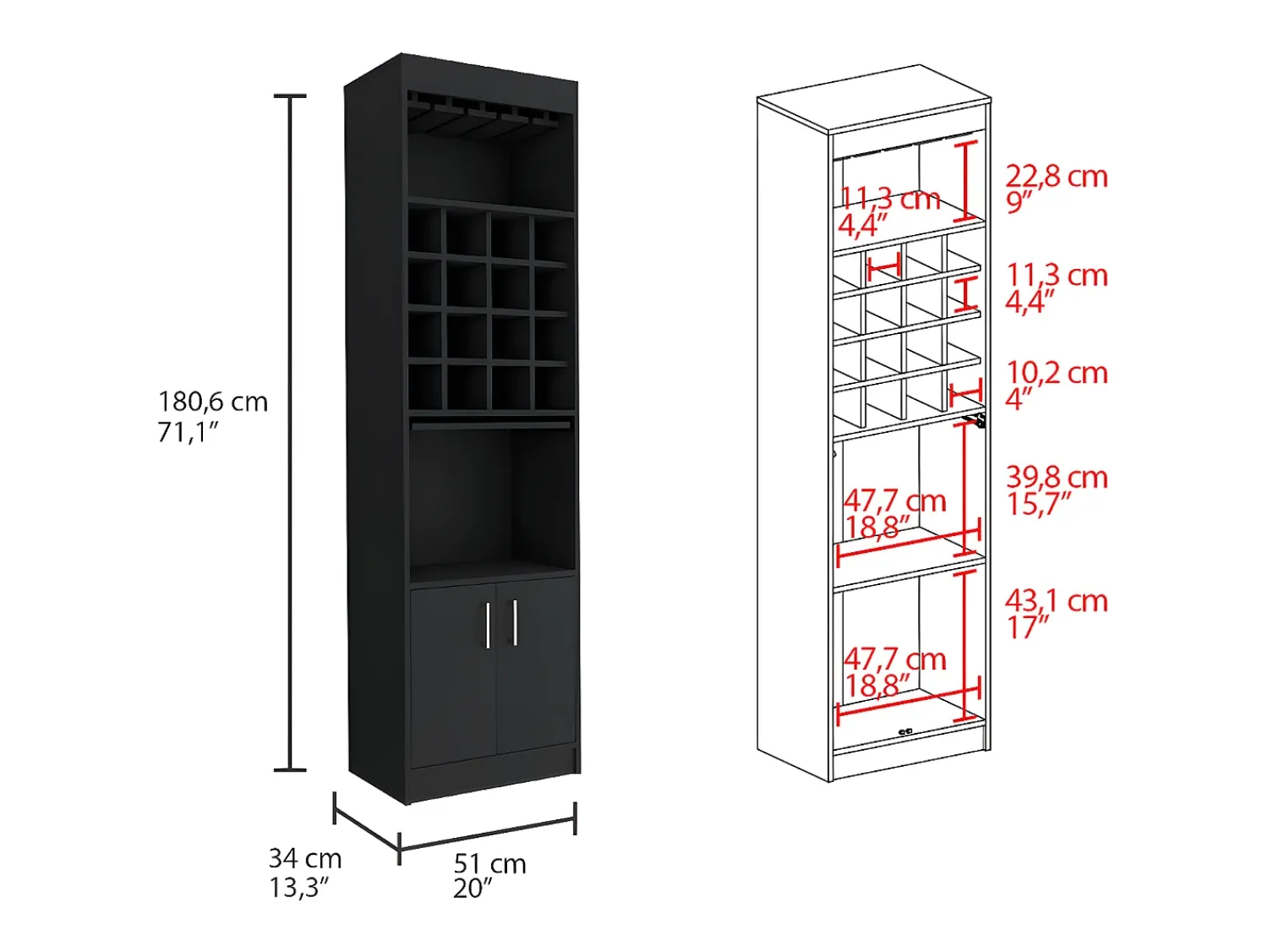 TuHome Armário bar Kava Beijing com mesa extensível, 180.59 cm X 50.8 cm X 33.78 cm , Preto