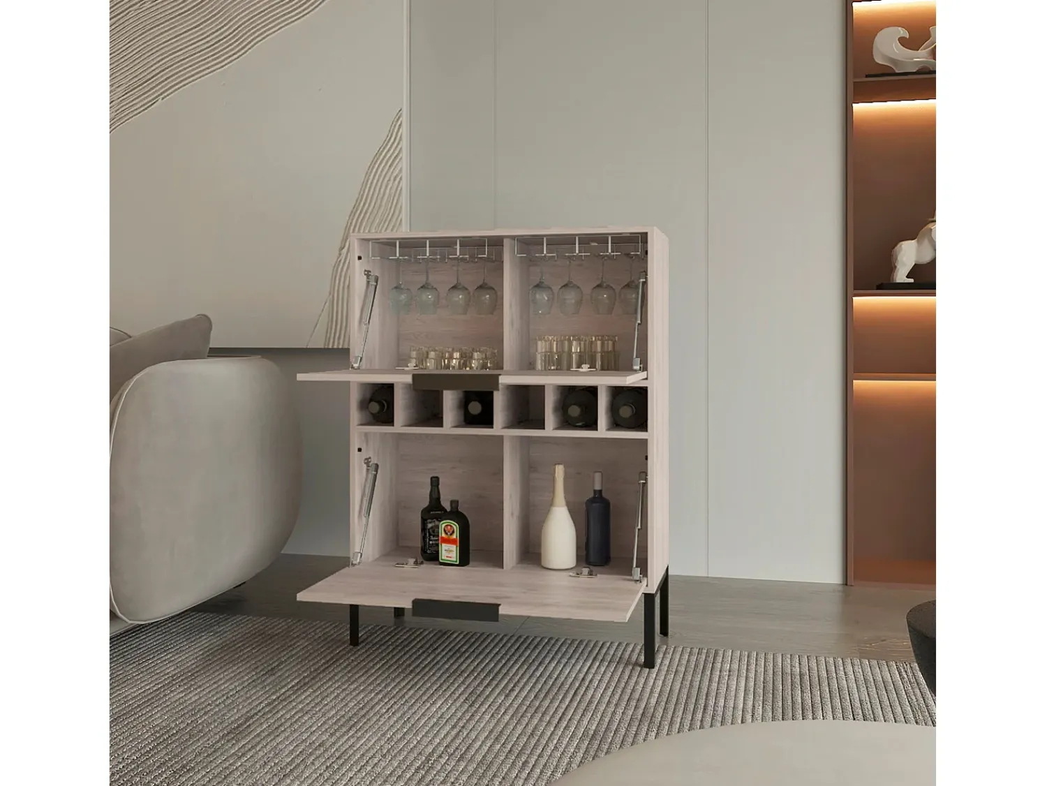 Móvel De Bar|TuHome Armário bar Lyrata em melamina com prateleira para vinhos, suporte para copos e 4 prateleiras , 110 cm X 80 cm X 35 cm , / prateado Cinzento