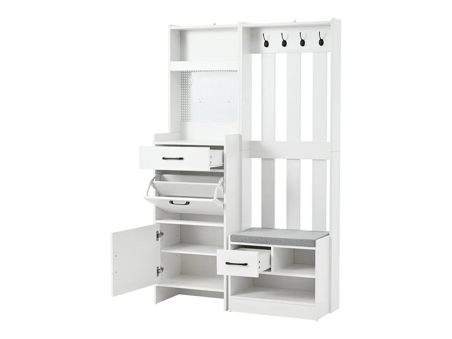 New Hauss Spole Armário com 2 gavetas, 2 portas, banco e ganchos, painel perfurado 110x35x175,5cm Branco