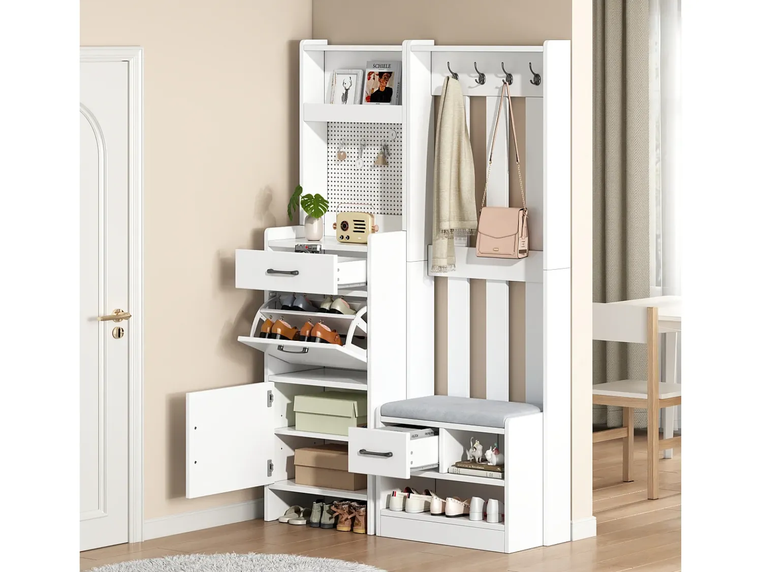 New Hauss Spole Armário com 2 gavetas, 2 portas, banco e ganchos, painel perfurado 110x35x175,5cm Branco