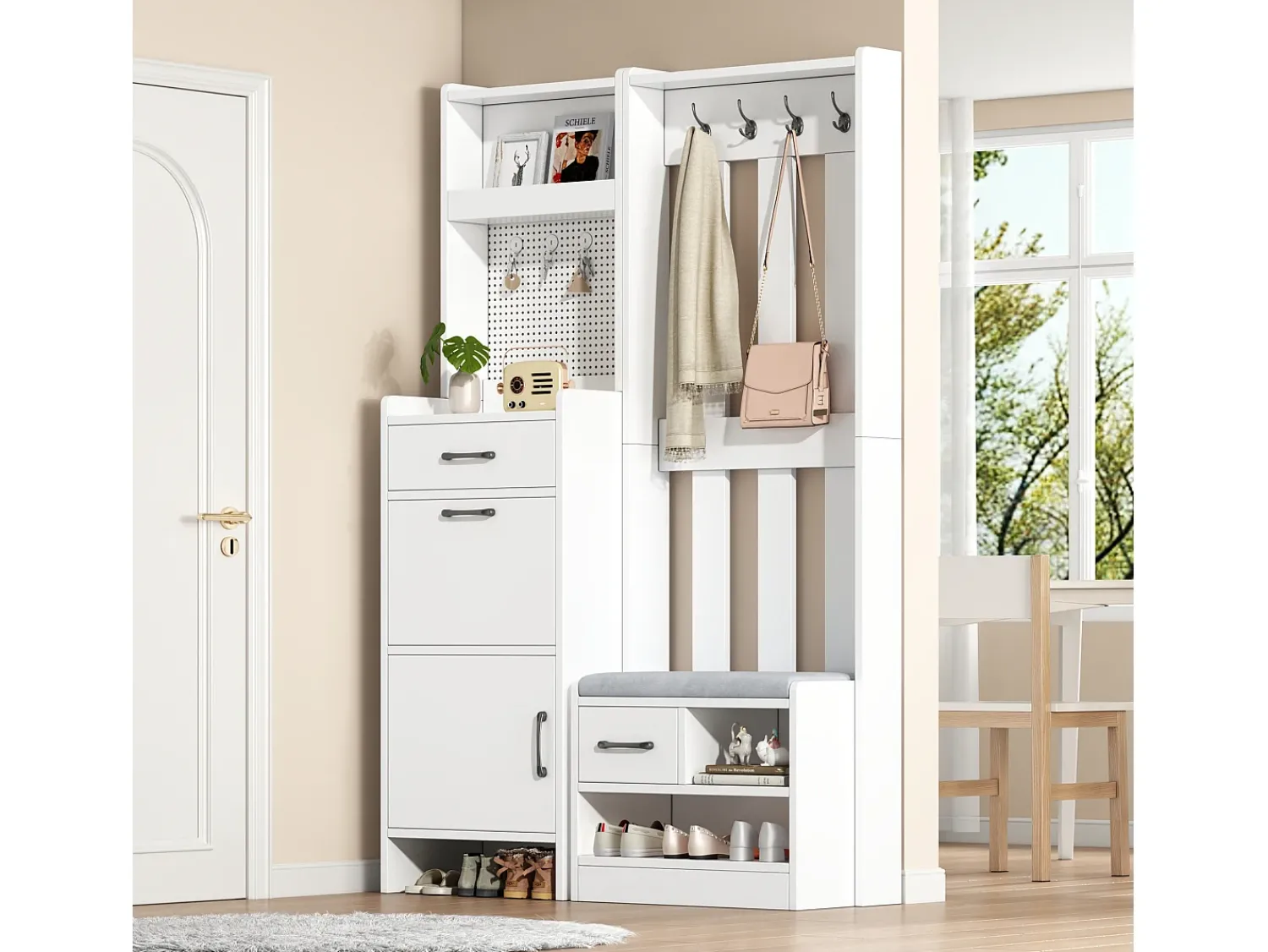 New Hauss Spole Armário com 2 gavetas, 2 portas, banco e ganchos, painel perfurado 110x35x175,5cm Branco
