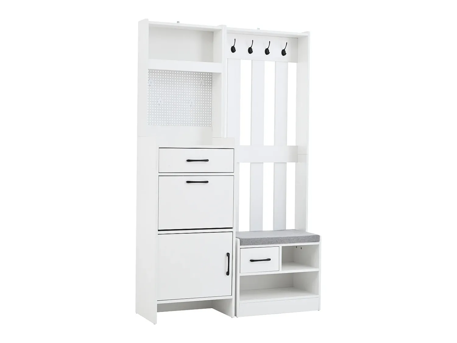 New Hauss Spole Armário com 2 gavetas, 2 portas, banco e ganchos, painel perfurado 110x35x175,5cm Branco