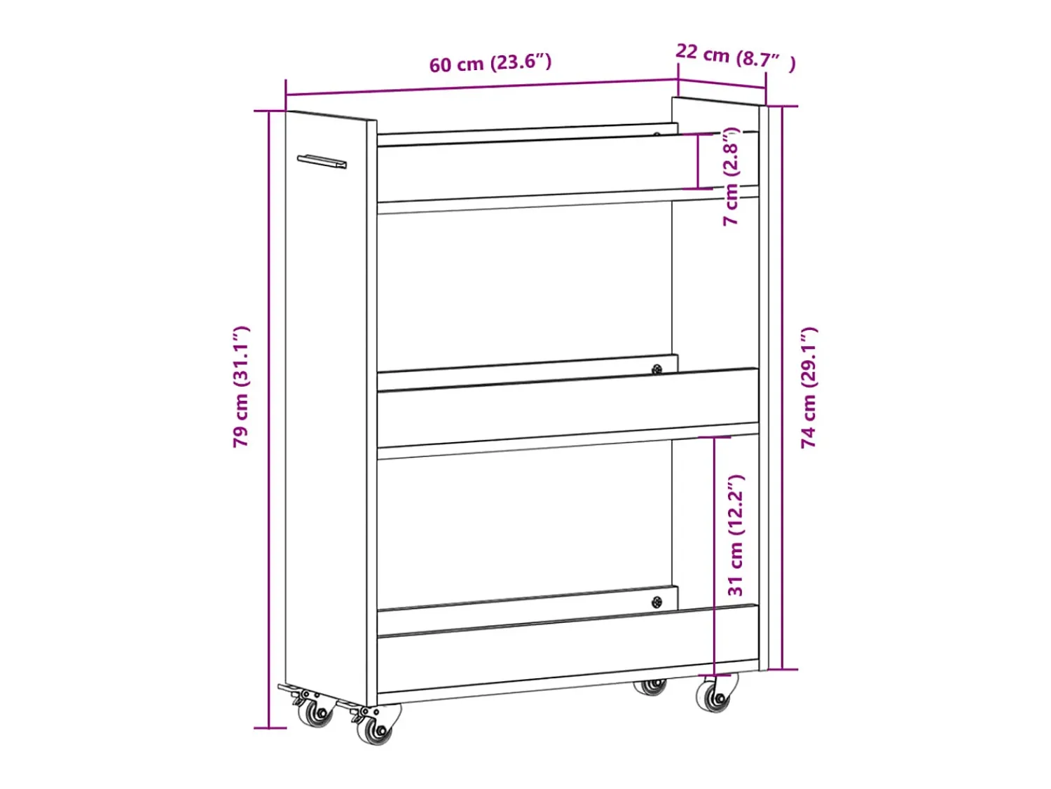 vidaxl Armário c/ rodas 60x22x79 cm derivados madeira carvalho fumado^ Móvel De Arrumação