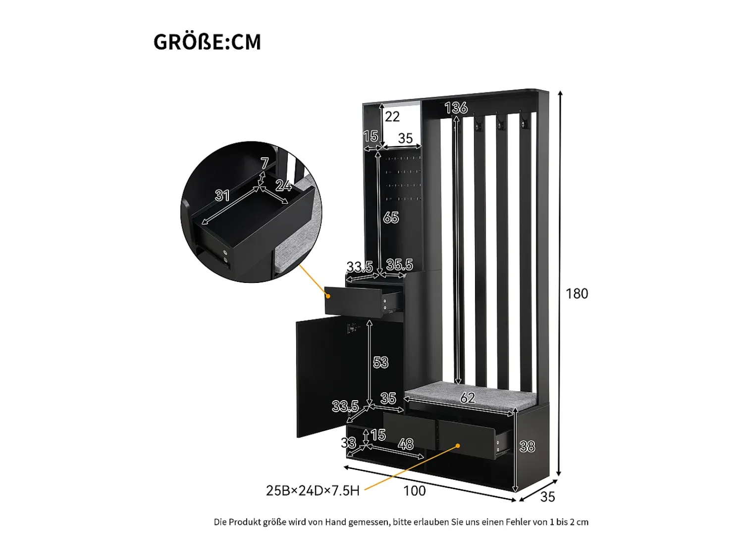 Móvel De Entrada|Merax Armário com 3 gavetas, 1 porta e sapateira - 100 x 35 x 180 cm - MDF - Preto