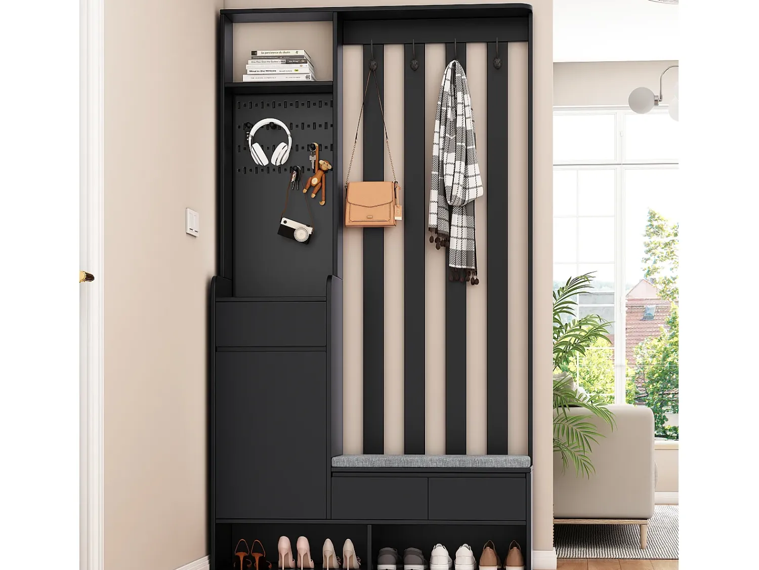 Móvel De Entrada|Merax Armário com 3 gavetas, 1 porta e sapateira - 100 x 35 x 180 cm - MDF - Preto