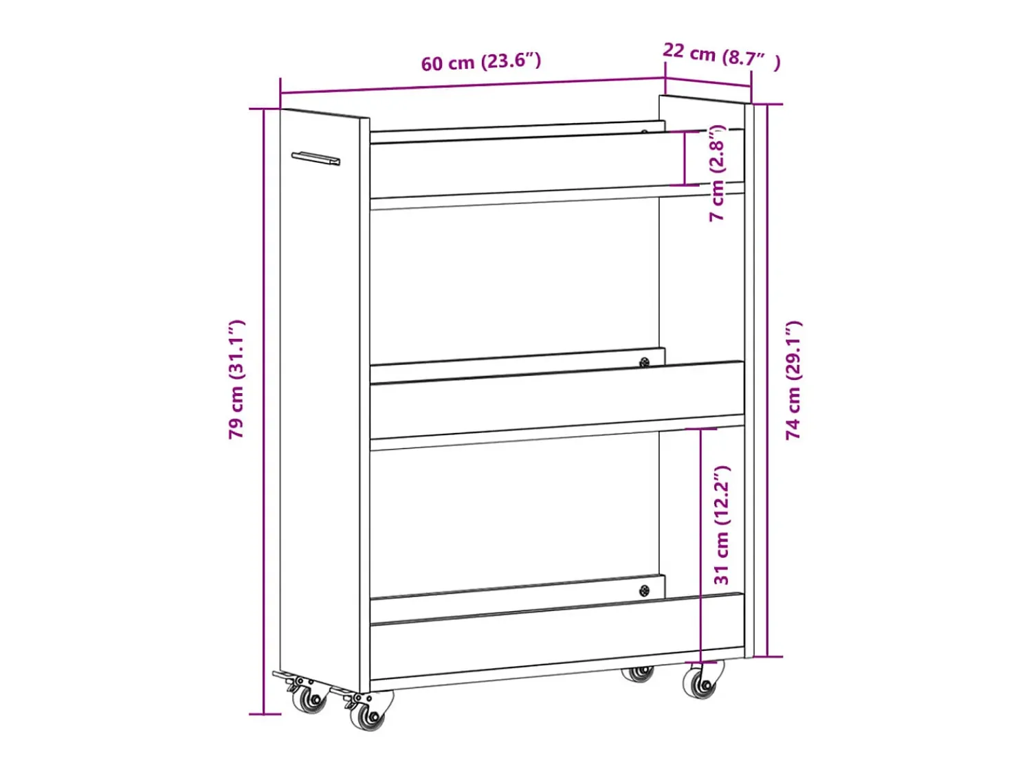 Móvel De Arrumação*vidaxl Armário com rodas 60x22x79 cm derivados de madeira Branco