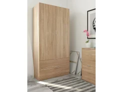 Móvel De Entrada*Dmora Armário Darest, Armário de quarto com 2 portas e 2 gavetas, Móveis de quarto com barra suspensa, 81x52h180 cm, Carvalho Castanho