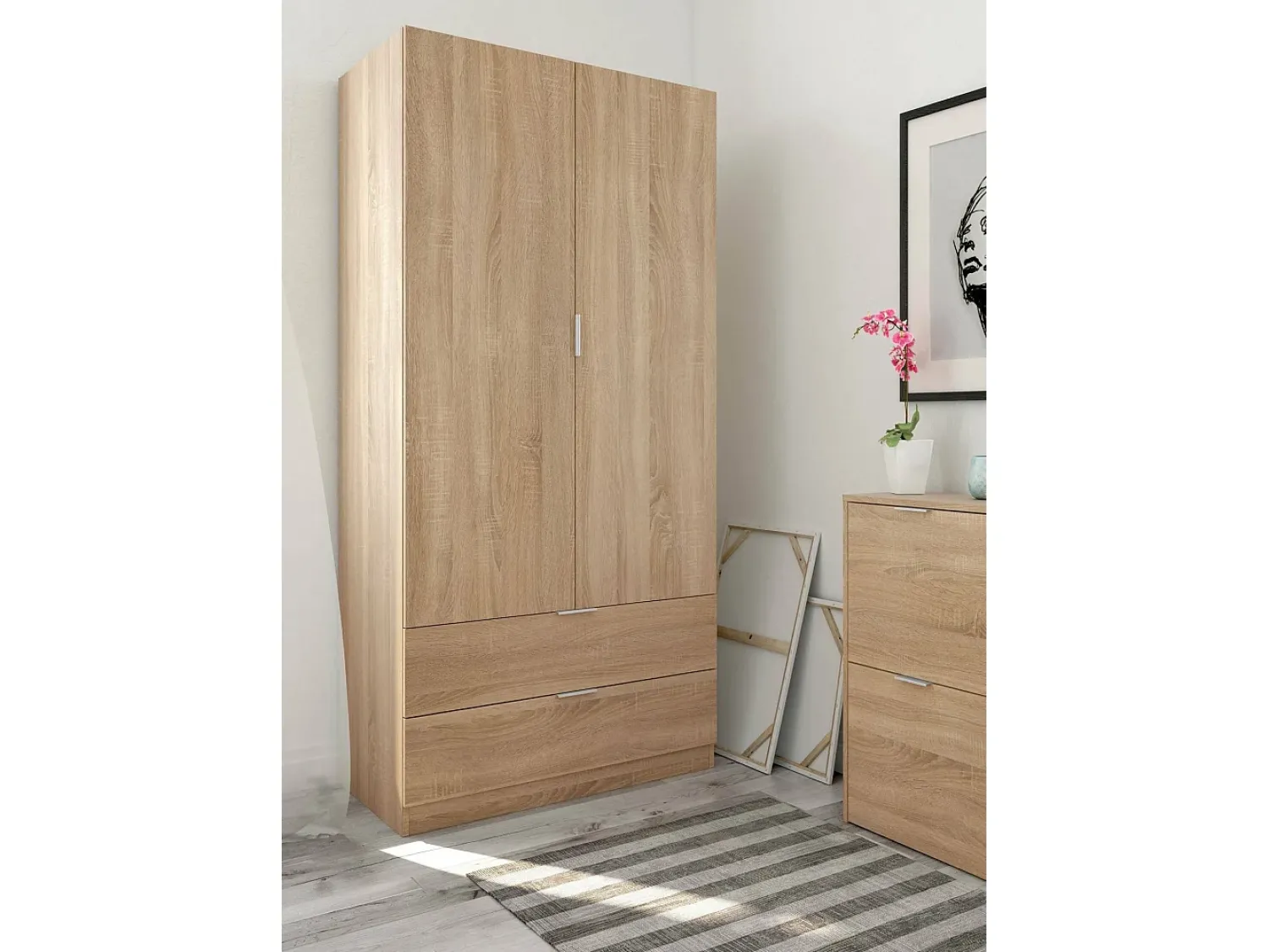 Móvel De Entrada*Dmora Armário Darest, Armário de quarto com 2 portas e 2 gavetas, Móveis de quarto com barra suspensa, 81x52h180 cm, Carvalho Castanho