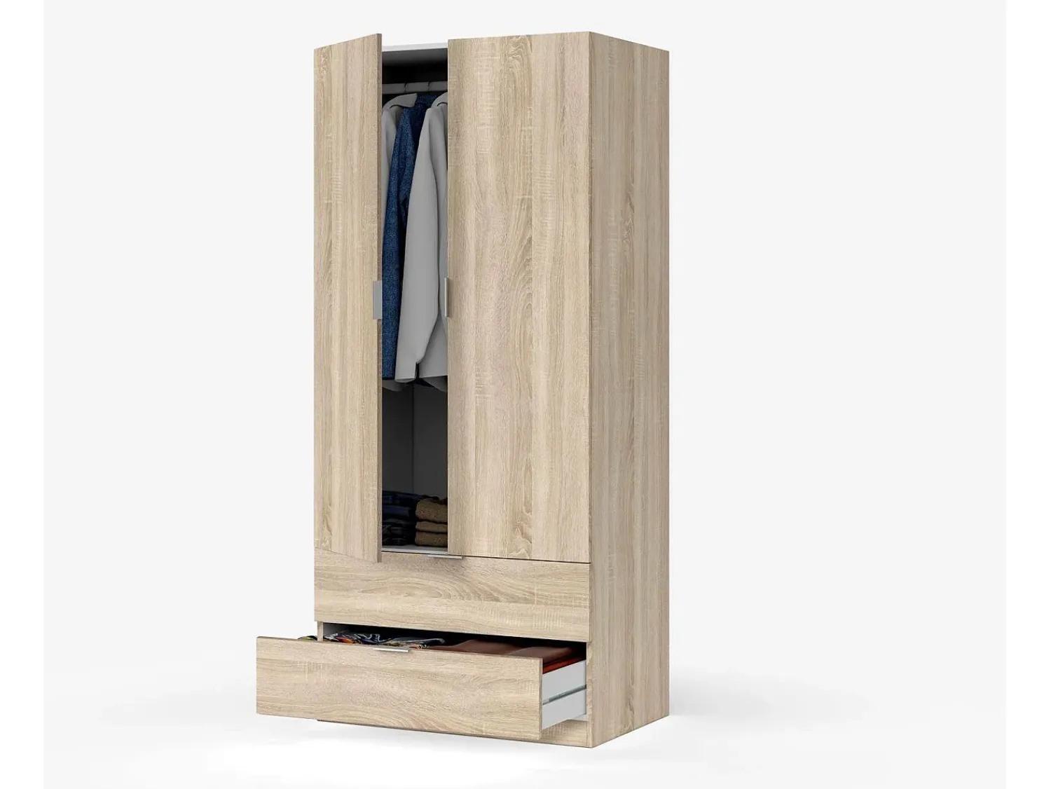 Móvel De Entrada*Dmora Armário Darest, Armário de quarto com 2 portas e 2 gavetas, Móveis de quarto com barra suspensa, 81x52h180 cm, Carvalho Castanho