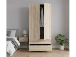 Móvel De Entrada*Dmora Armário Darest, Armário de quarto com 2 portas e 2 gavetas, Móveis de quarto com barra suspensa, 81x52h180 cm, Carvalho Castanho