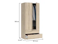 Móvel De Entrada*Dmora Armário Darest, Armário de quarto com 2 portas e 2 gavetas, Móveis de quarto com barra suspensa, 81x52h180 cm, Carvalho Castanho