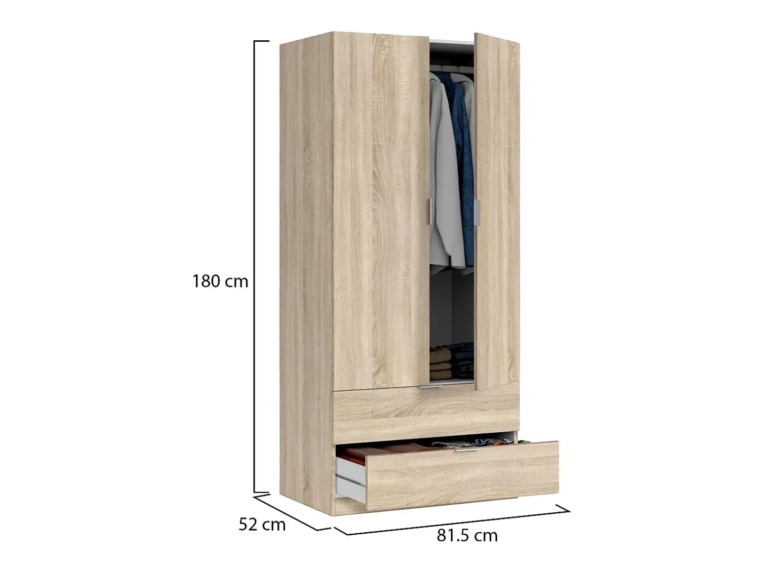 Móvel De Entrada*Dmora Armário Darest, Armário de quarto com 2 portas e 2 gavetas, Móveis de quarto com barra suspensa, 81x52h180 cm, Carvalho Castanho