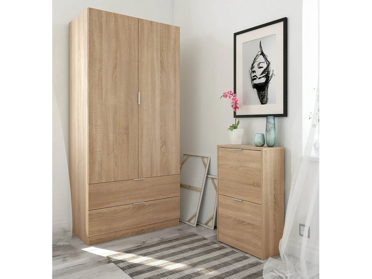 Móvel De Entrada*Dmora Armário Darest, Armário de quarto com 2 portas e 2 gavetas, Móveis de quarto com barra suspensa, 81x52h180 cm, Carvalho Castanho