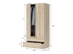 Móvel De Entrada*Dmora Armário Darest, Armário de quarto com 2 portas e 2 gavetas, Móveis de quarto com barra suspensa, 81x52h180 cm, Carvalho Castanho