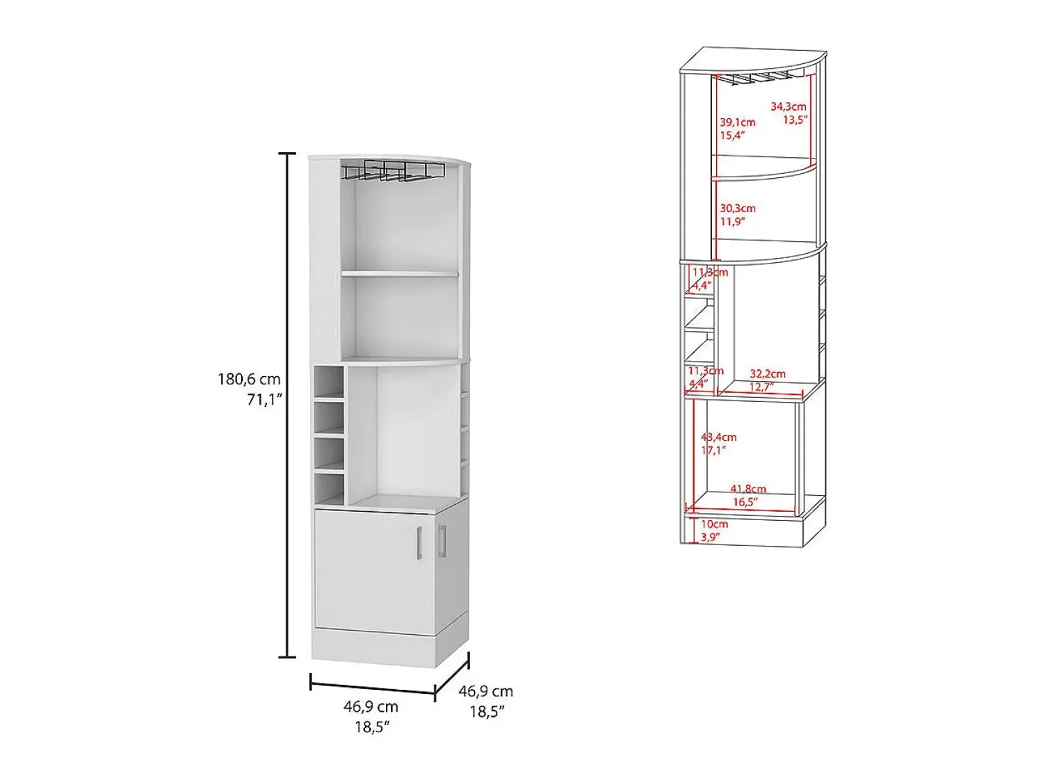 TuHome Armário de bar de canto Syrah, com suporte para copos, 180.59 cm X 46.73 cm X 46.73 cm ,^ Móvel De Bar