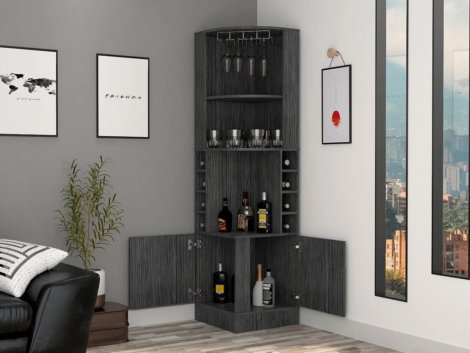 TuHome Armário de bar de canto Syrah com suporte para copos, 180.59 cm X 46.73 cm X 46.73 cm , castanho^ Móvel De Bar