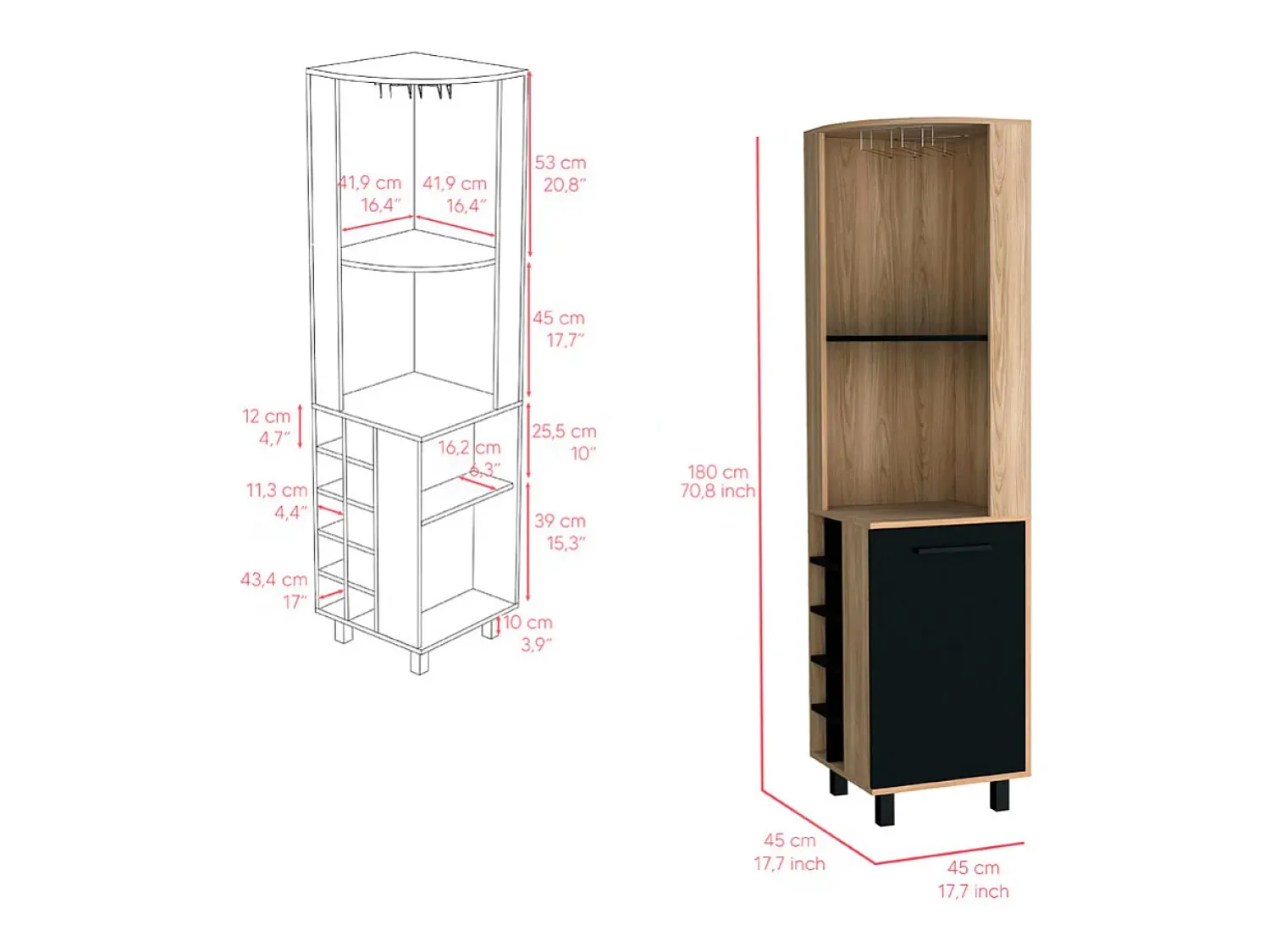 Móvel De Bar*TuHome Armário de bar em melamina Kaia com 3 prateleiras, 9 suportes para copos, 10 suportes para garrafas, multicolor, 180 cm X 45 cm X 45 cm X 45 cm Preto