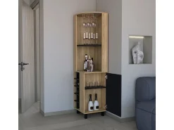 Móvel De Bar*TuHome Armário de bar em melamina Kaia com 3 prateleiras, 9 suportes para copos, 10 suportes para garrafas, multicolor, 180 cm X 45 cm X 45 cm X 45 cm Preto