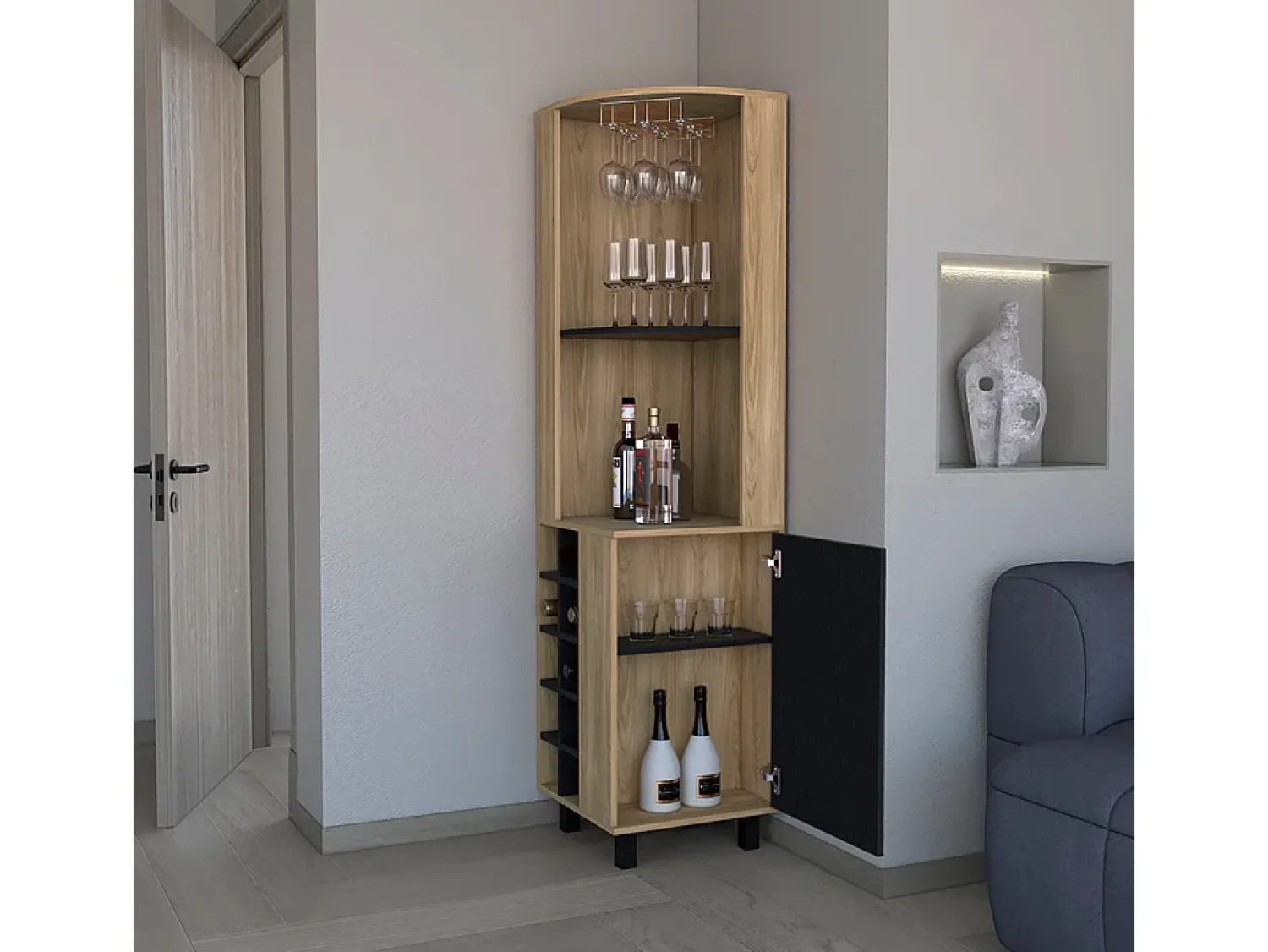 Móvel De Bar*TuHome Armário de bar em melamina Kaia com 3 prateleiras, 9 suportes para copos, 10 suportes para garrafas, multicolor, 180 cm X 45 cm X 45 cm X 45 cm Preto
