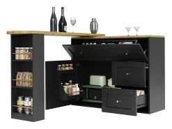 Móvel De Bar*Merax Armário de bar extensível - 138-204 x 39 x 105 cm - com prateleira para lanches + 2 gavetas + 2 portas - MDF + Metal - Preto