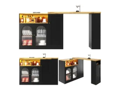 Móvel De Bar|Merax Armário de bar giratório - 4 portas e prateleiras de armazenamento - LEDs - Madeira MDF - e Natural Preto
