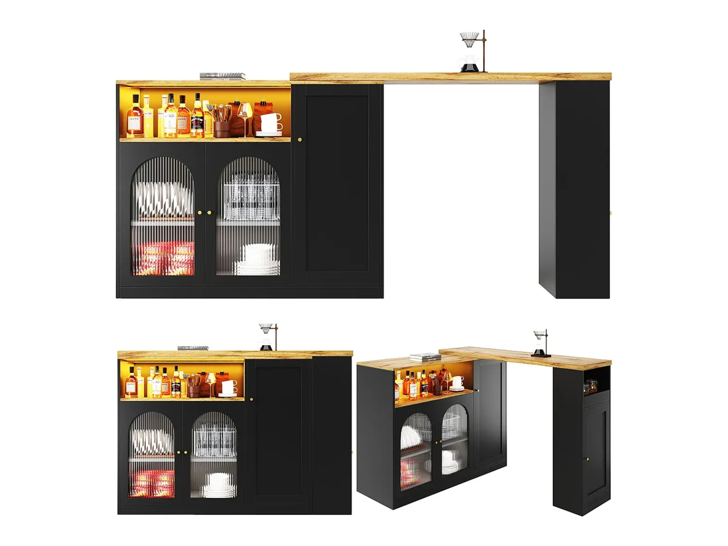 Móvel De Bar|Merax Armário de bar giratório - 4 portas e prateleiras de armazenamento - LEDs - Madeira MDF - e Natural Preto