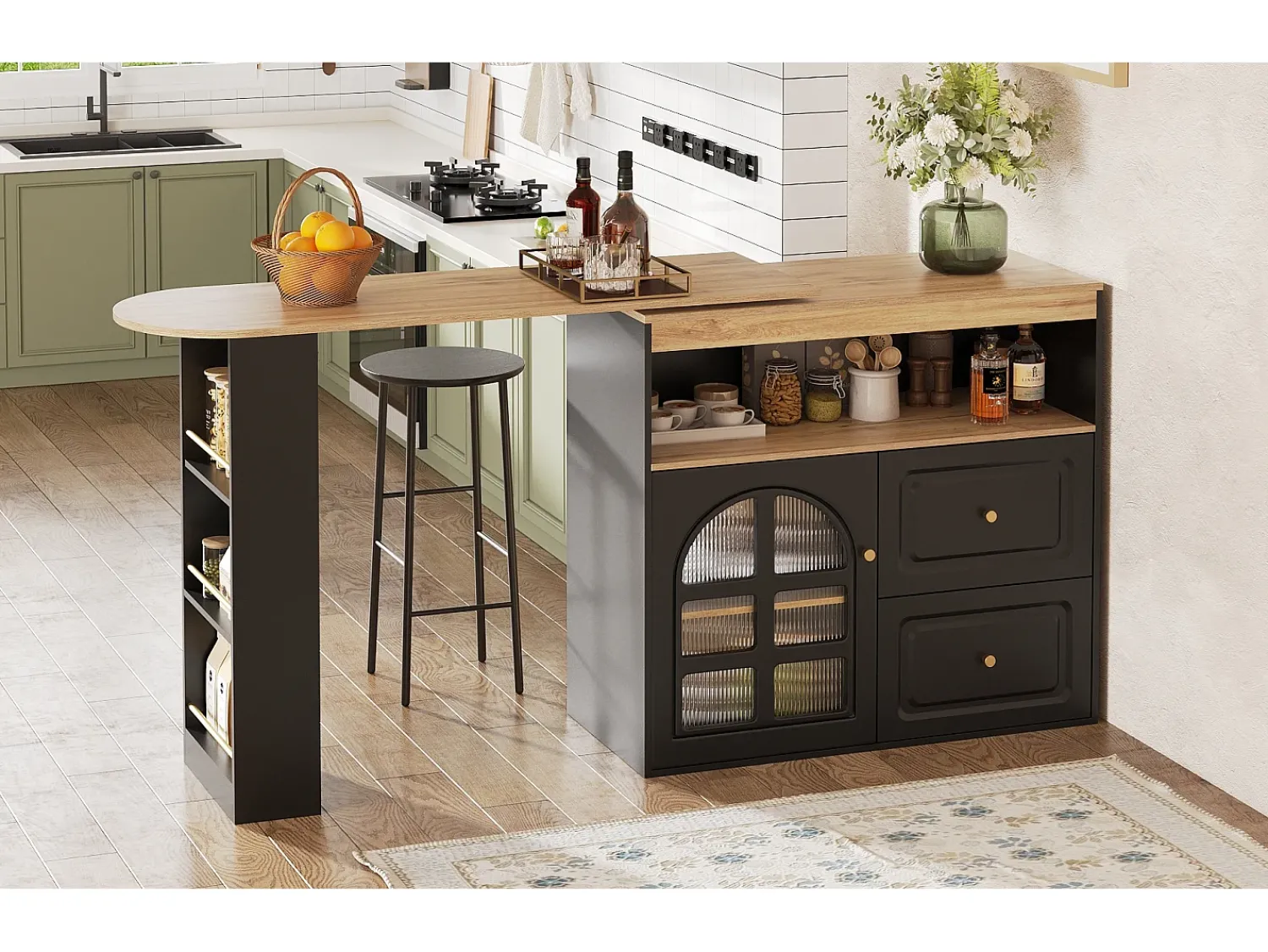 Móvel De Bar*Merax Armário de bar giratório - 204 x 39 x 104 cm - com 2 gavetas + 1 porta + 3 prateleiras para lanches - MDF - Preto