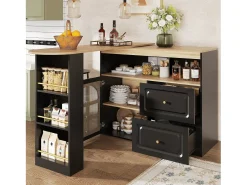 Móvel De Bar*Merax Armário de bar giratório - 204 x 39 x 104 cm - com 2 gavetas + 1 porta + 3 prateleiras para lanches - MDF - Preto