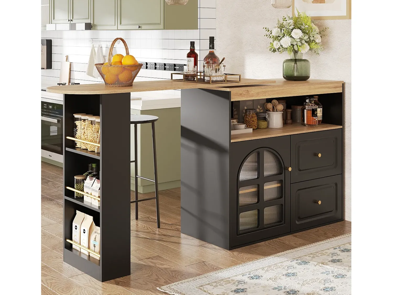 Móvel De Bar*Merax Armário de bar giratório - 204 x 39 x 104 cm - com 2 gavetas + 1 porta + 3 prateleiras para lanches - MDF - Preto
