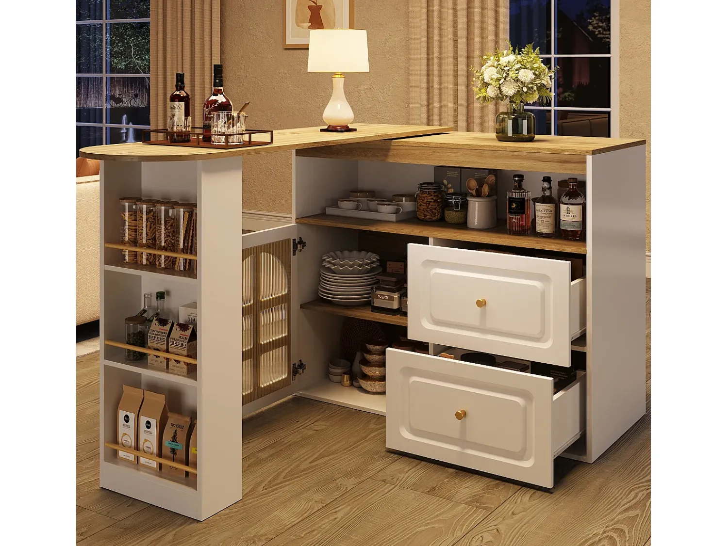Móvel De Bar|Merax Armário de bar giratório - 204 x 39 x 104 cm - com 2 gavetas + 1 porta + 3 prateleiras para lanches - MDF - Branco