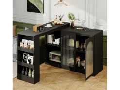 Merax Armário de bar giratório - 3 portas e prateleiras de armazenamento - MDF, madeira e vidro - para sala de jantar ou sala de estar -^ Móvel De Bar