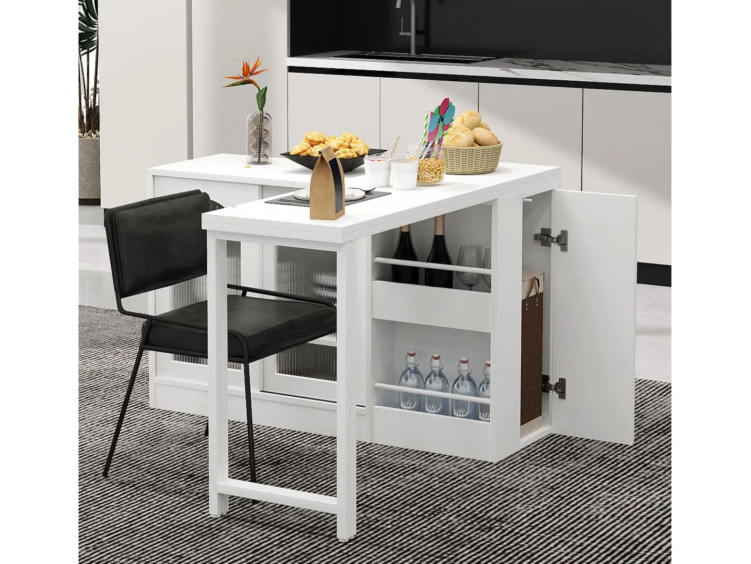 Móvel De Bar| Armário de bar giratório preto - Mesa de bar com 2 portas de vidro e 2 compartimentos de arrumação abertos - tampo giratório Branco