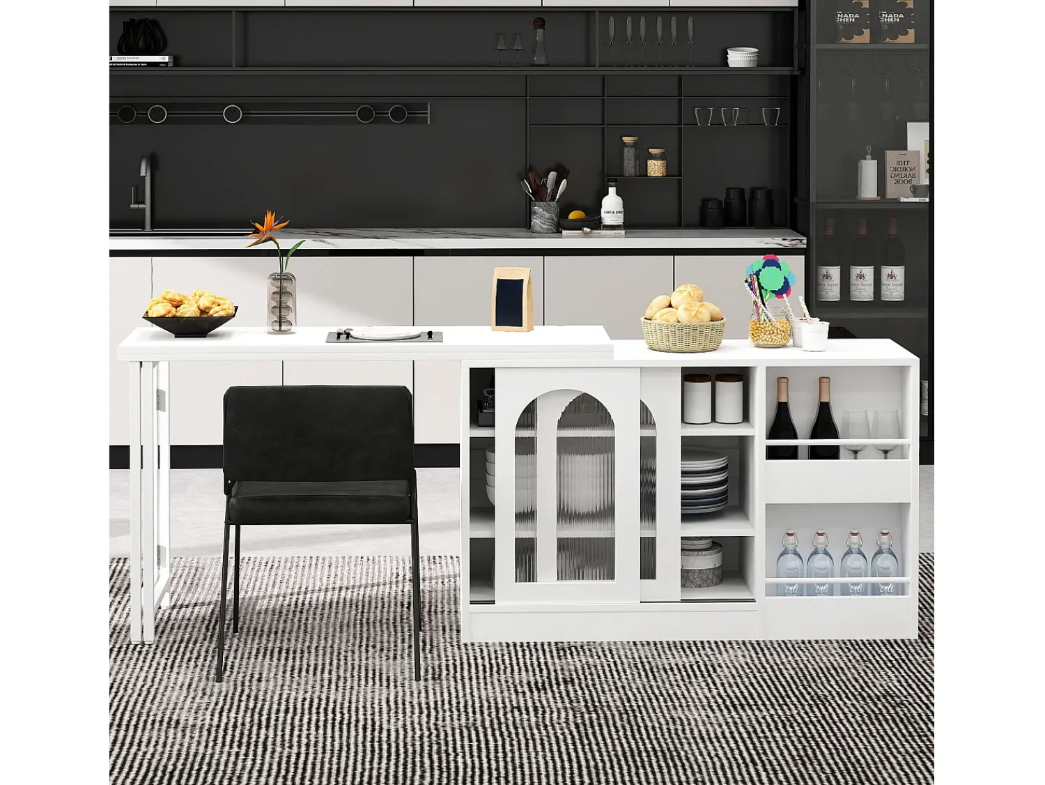 Móvel De Bar| Armário de bar giratório preto - Mesa de bar com 2 portas de vidro e 2 compartimentos de arrumação abertos - tampo giratório Branco