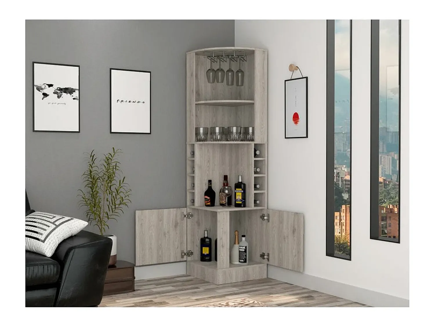 Móvel De Bar|TuHome Armário de canto Syrah, com suporte para copos , 180.59 cm X 46.73 cm X 46.73 cm , / prateado Cinzento