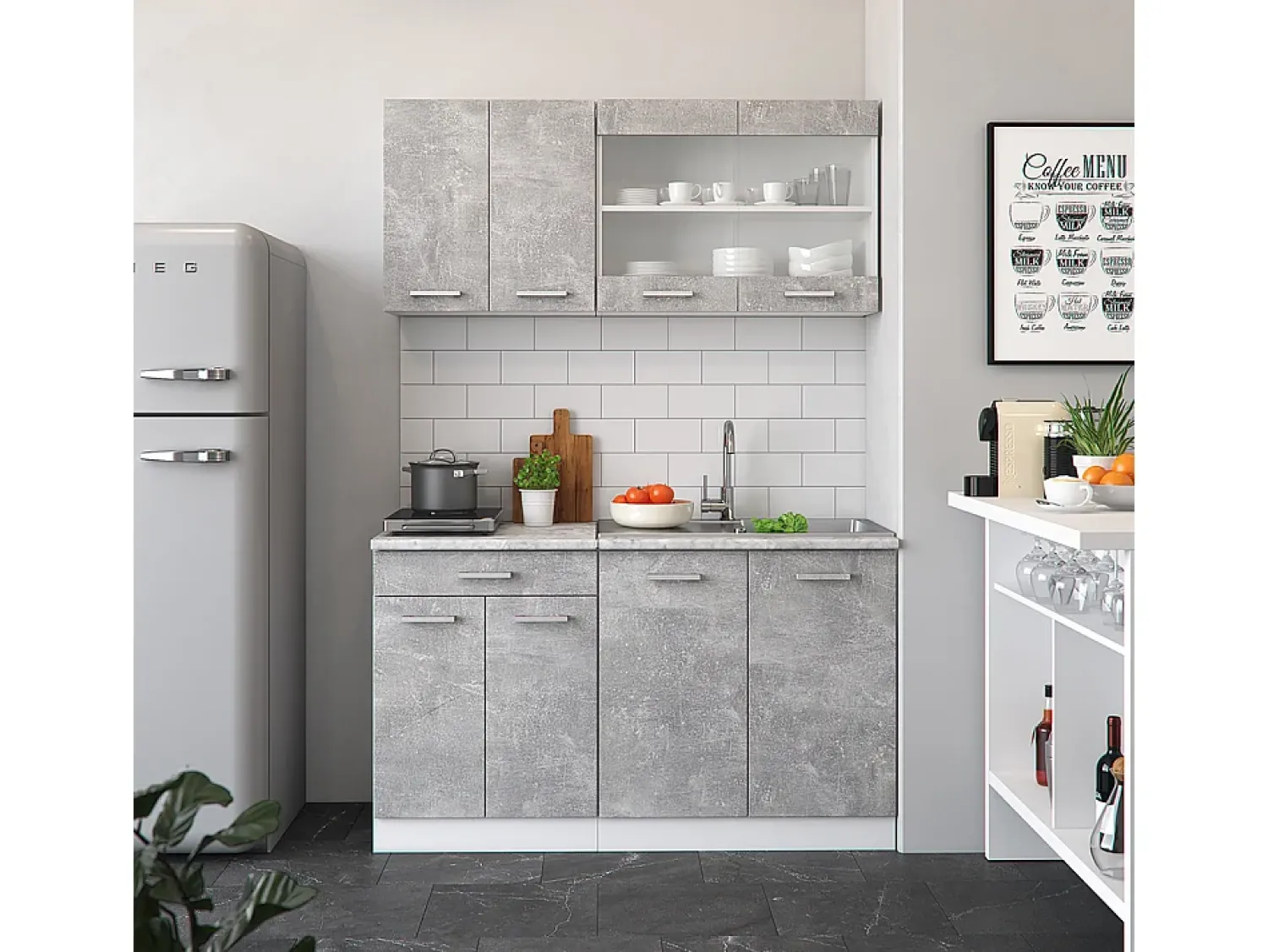 Móvel De Arrumação*Vicco Armário de cozinha para sótão inclinado betão 140x46x81.6 r-line Cinzento claro