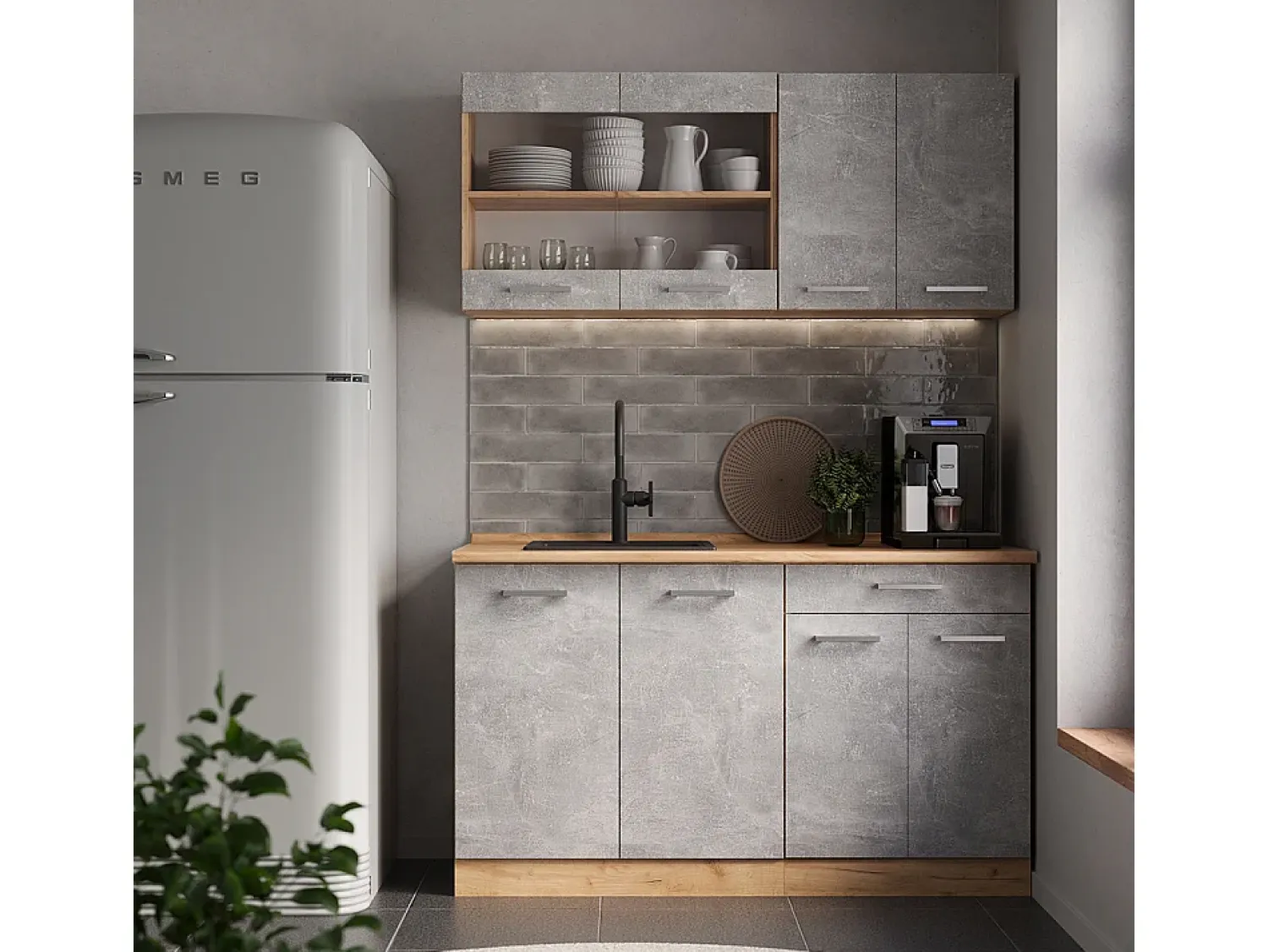 Vicco Armário de cozinha para sótão inclinado betão 140x46x81.6 r-line^ Móvel De Arrumação