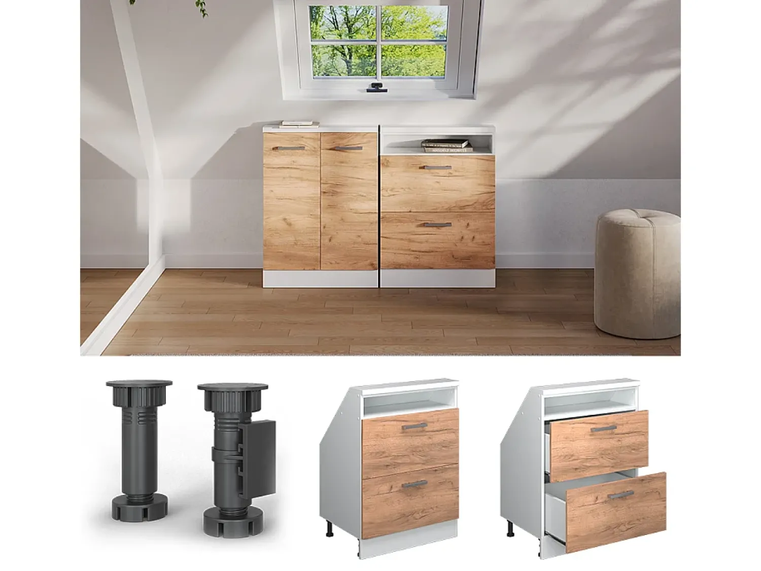 Discount Vicco Armário de cozinha para sótão inclinado carvalho goldkraft 60x46x81.6 r-line Natural escuro