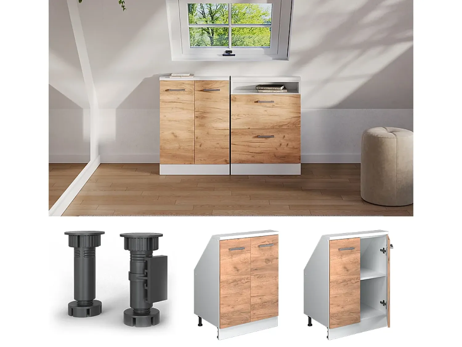 Outlet Vicco Armário de cozinha para sótão inclinado carvalho goldkraft 60x46x81.6 r-line Natural escuro