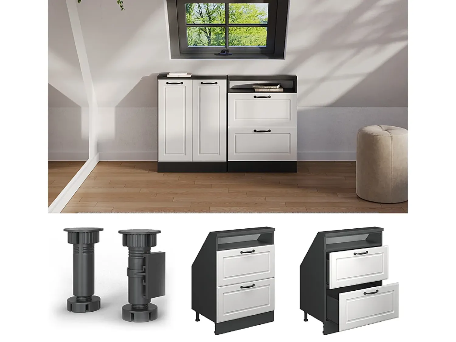Móvel De Arrumação*Vicco Armário de cozinha para sótão inclinado casa de campo branca 60x46x81.6 r-line Branco sujo