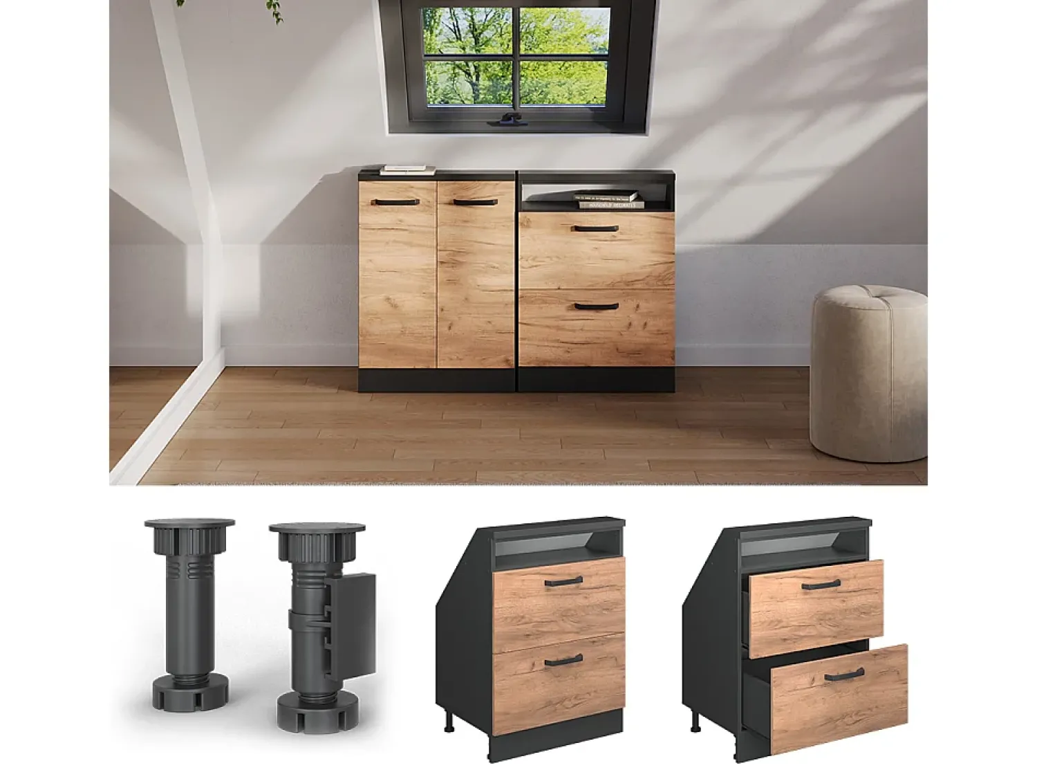 Móvel De Arrumação*Vicco Armário de cozinha para sótão inclinado carvalho goldkraft 60x46x81.6 r-line Natural escuro