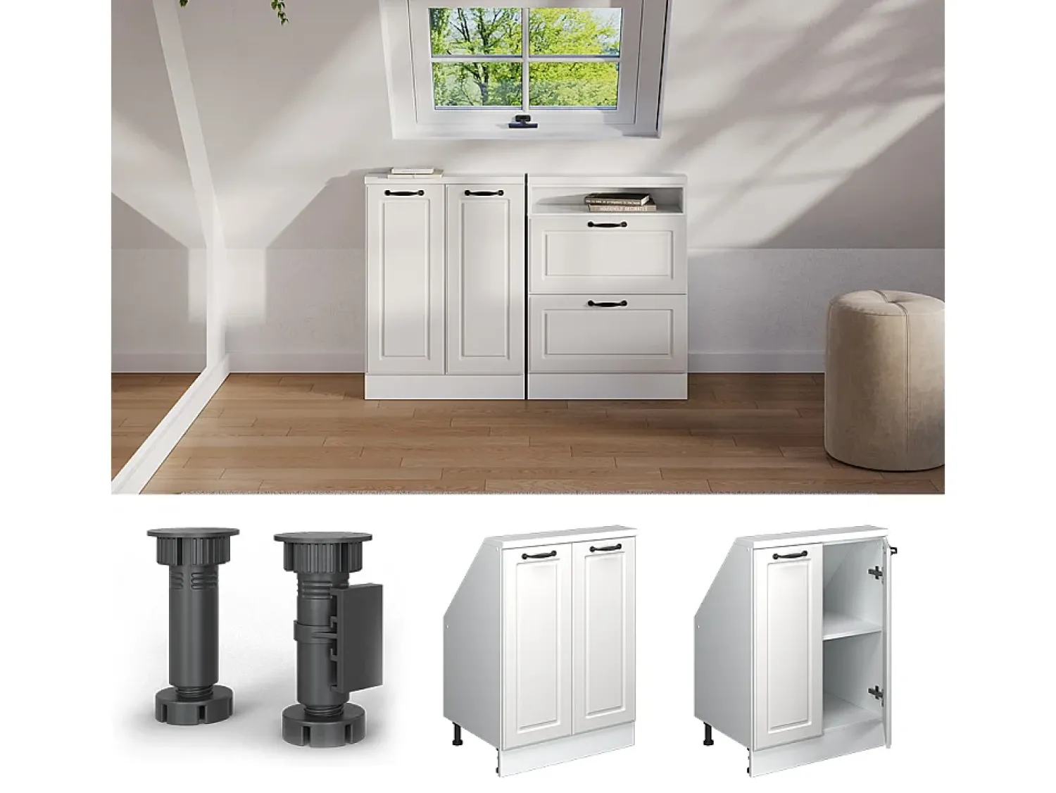 Móvel De Arrumação*Vicco Armário de cozinha para sótão inclinado casa de campo branca 60x46x81.6 r-line Branco sujo