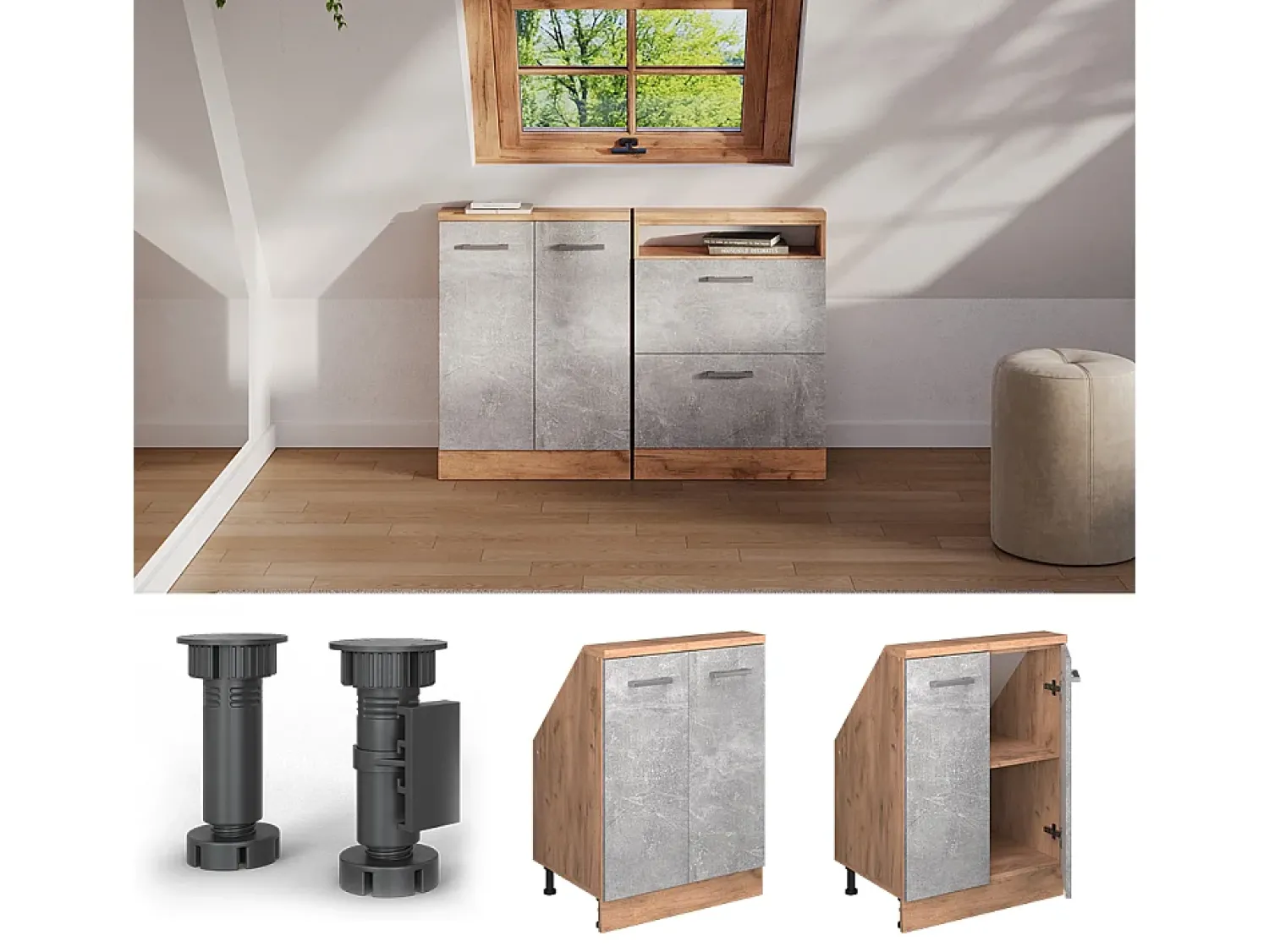 Móvel De Arrumação*Vicco Armário de cozinha para sótão inclinado betão 60x46x81.6 r-line Cinzento claro