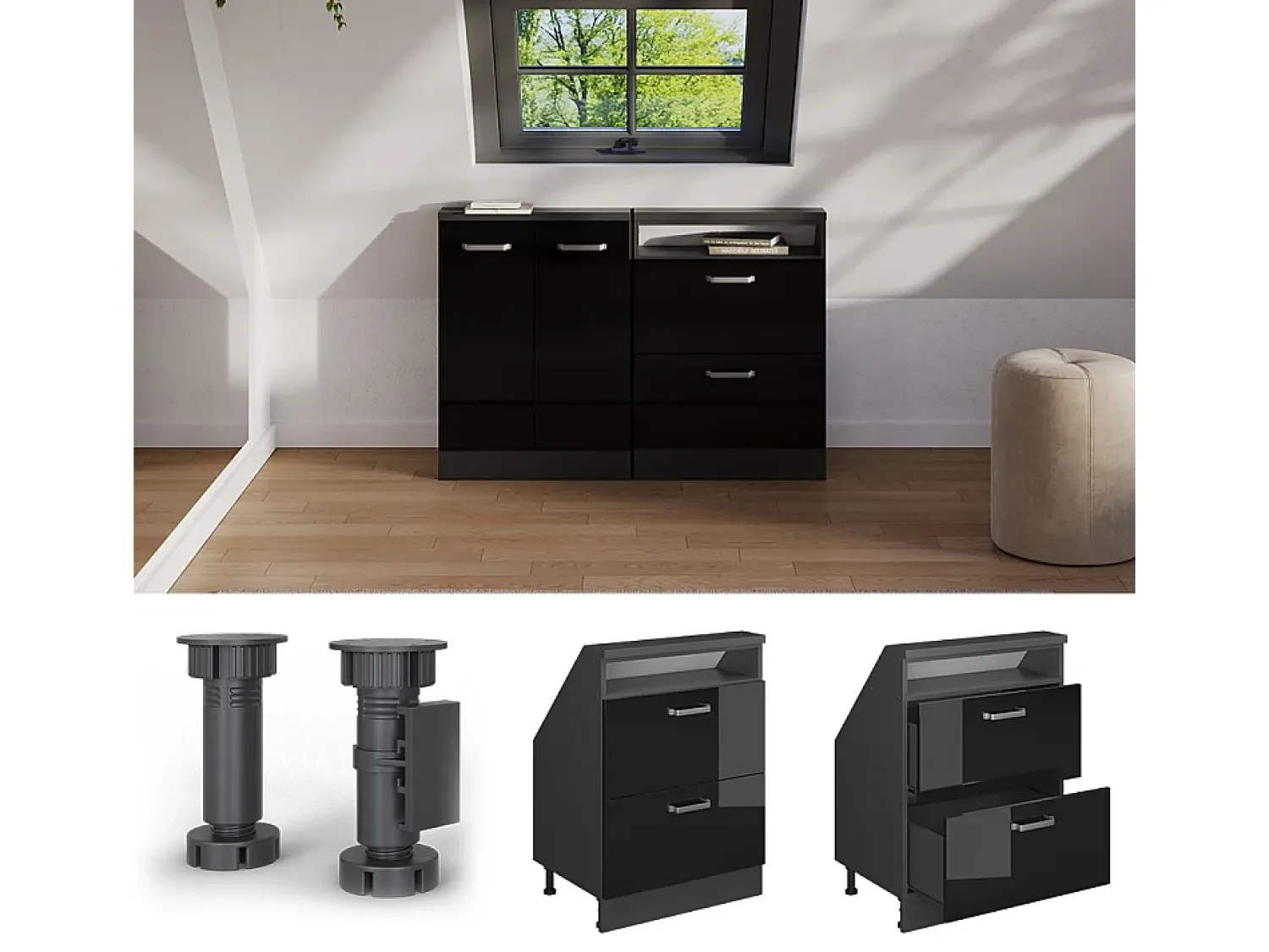 Móvel De Arrumação*Vicco Armário de cozinha para sótão inclinado alto brilho 60x46x81.6 r-line Preto
