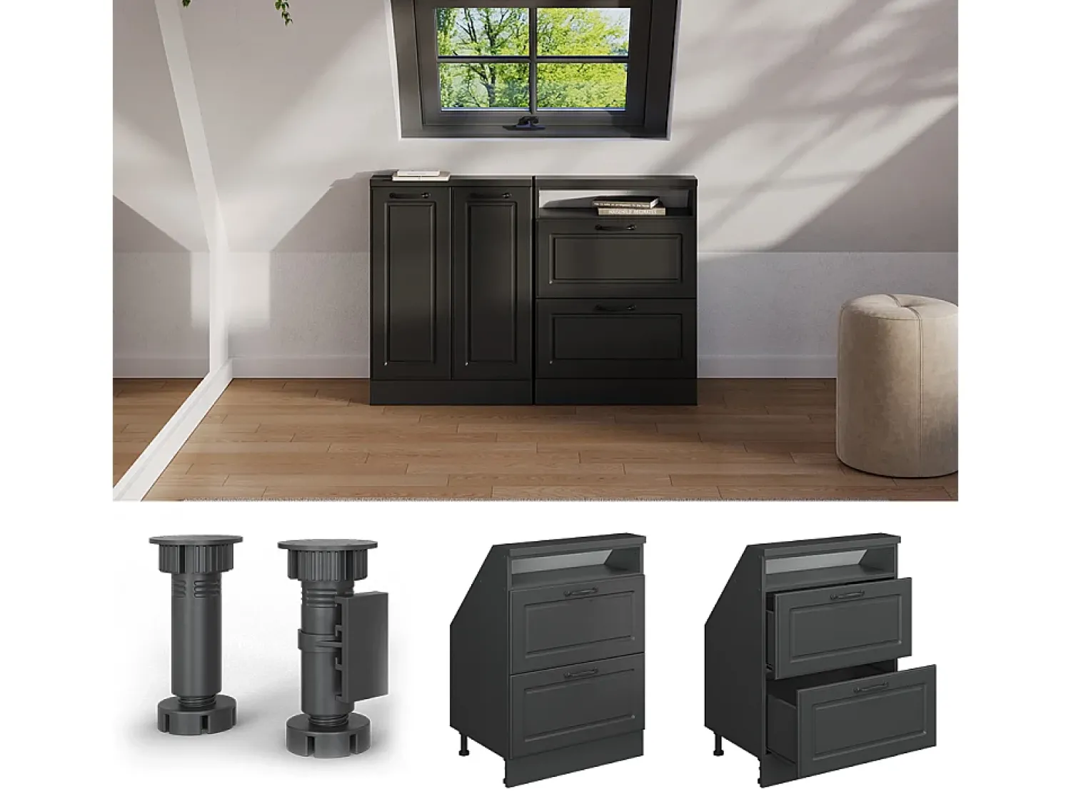 Hot Vicco Armário de cozinha para sótão inclinado casa de campo antracite 60x46x81.6 r-line Cinza antracite