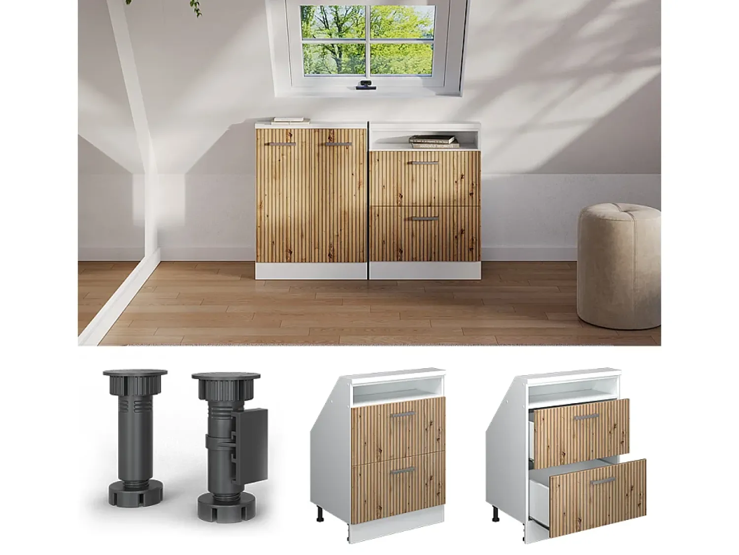 Vicco Armário de cozinha para sótão inclinado carvalho artesanal 60x46x81.6 r-line Natural claro