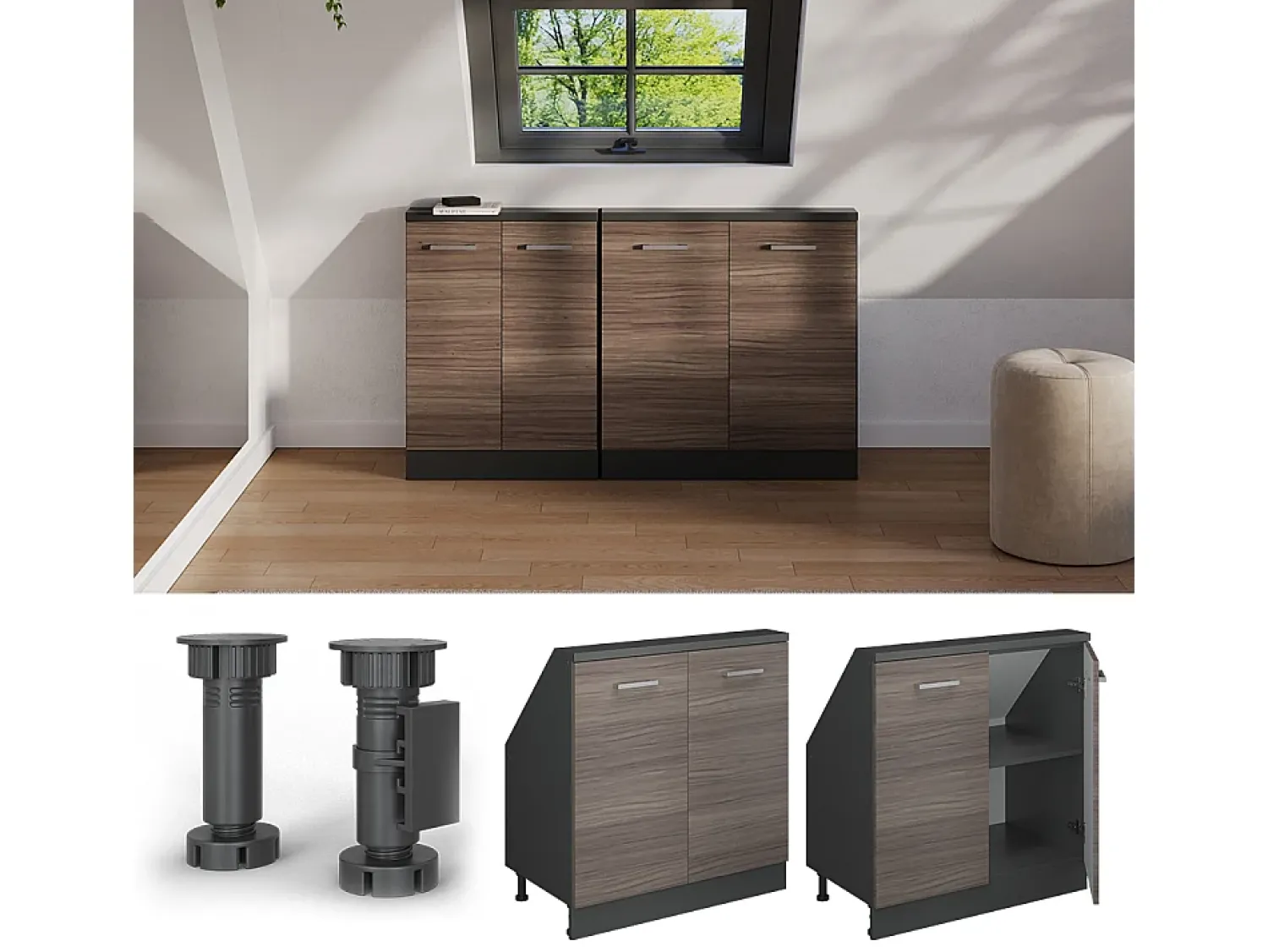Vicco Armário de cozinha para sótão inclinado cinza nobre 80x46x81.6 r-line^ Móvel De Arrumação