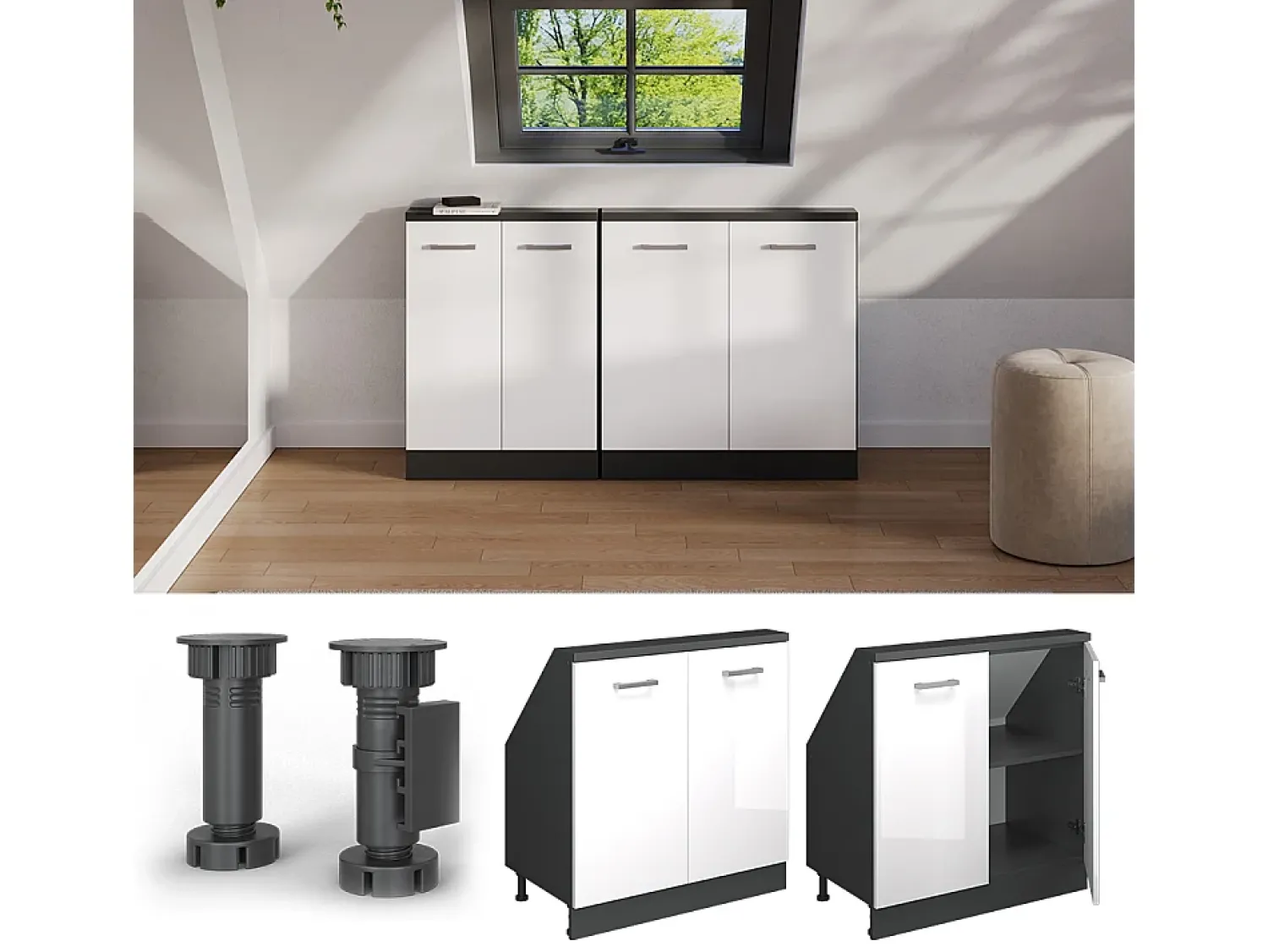Móvel De Arrumação*Vicco Armário de cozinha para sótão inclinado alto brilho 80x46x81.6 r-line Branco