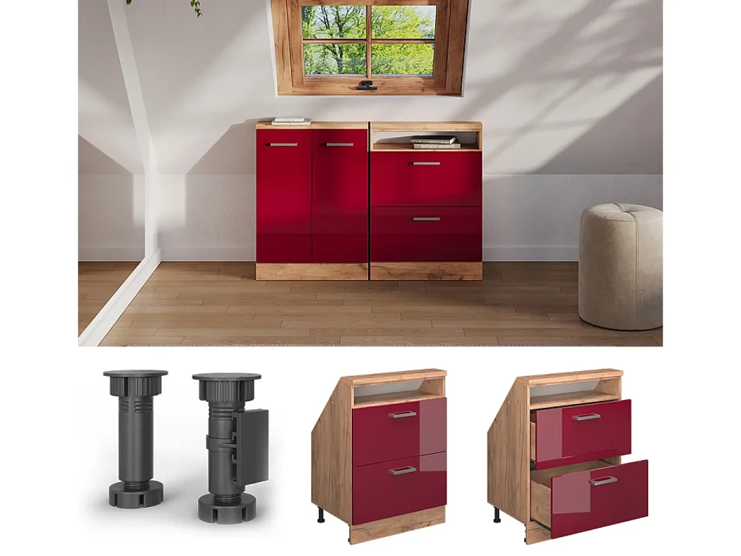 Móvel De Arrumação|Vicco Armário de cozinha para sótão inclinado alto brilho 60x46x81.6 r-line Vermelho
