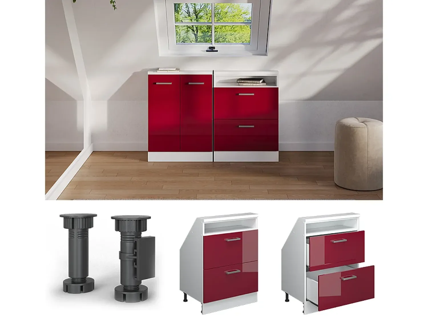 Móvel De Arrumação|Vicco Armário de cozinha para sótão inclinado brilhante/branco 60x46x81.6 r-line Vermelho